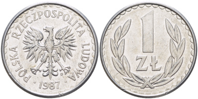 ПОЛЬША 1 ЗЛОТЫЙ 1987 MW KM 49.2, Parchimowicz 214b алюминий 216-844