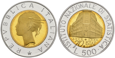 Италия 500 лир 1996 R, 70 лет Национальному институту статистики KM 181 биметалл PROOF 1099-3-75