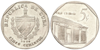 Куба 5 сентаво 1998 KM 575.2, Schoen 713, JMA MC19 сталь плакированная никелем 4611-452