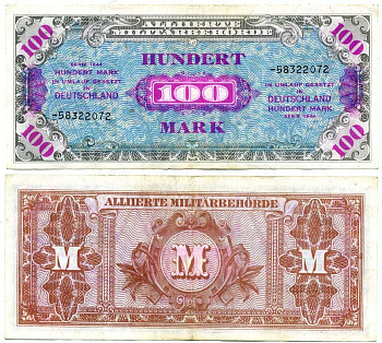 Германия, оккупация союзниками 100 марок 1944 8 цифр, без кода, выпуск СССР Pick 197 d, Розенберг 206 d бумага 7207-37-1