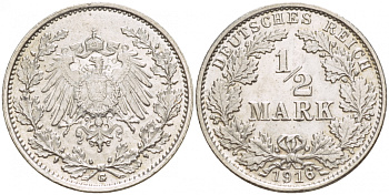 ГЕРМАНИЯ 1/2 МАРКИ 1916 G KM 17 J.16 серебро 4549-768