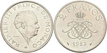 Монако 2 франка 1982 Ренье III (1949-2005) KM 157 никель 08-915