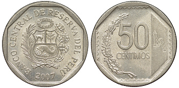 Перу 50 сентимо 2007 KM 307.4 медно-никель aUNC 4605-257