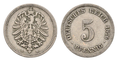 Германия 5 пфеннигов 1876 D, Вильгельм I (1871-1888) KM 3, J. 3 медно-никель 4632-638