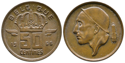 БЕЛЬГИЯ 50 САНТИМОВ 1966 BELGIQUE KM 148.1 бронза 4383-1162