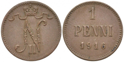 РОССИЯ ДЛЯ ФИНЛЯНДИИ 1 ПЕННИ 1916 НИКОЛАЙ II (1895-1917) KM 13, Биткин 476 медь 211-1045