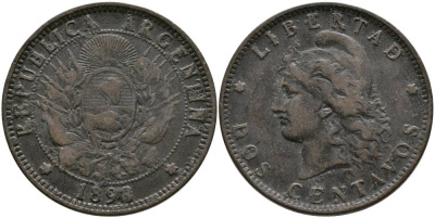 Аргентина 2 сентаво 1893 голова свободы влево KM 8 бронза 4531-1133