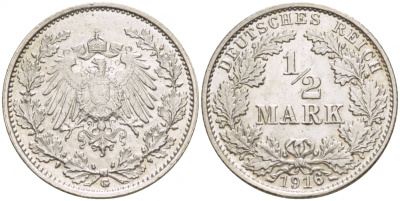 ГЕРМАНИЯ 1/2 МАРКИ 1916 G KM 17 J.16 серебро 4549-768