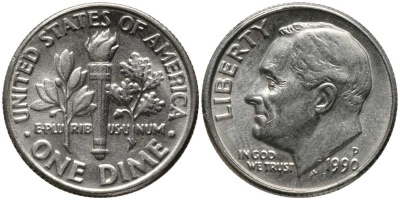 США 10 ЦЕНТОВ = 1 ДАЙМ 1990 Р, РУЗВЕЛЬТ KM 195а медь плакированная медно-никелем 112-646