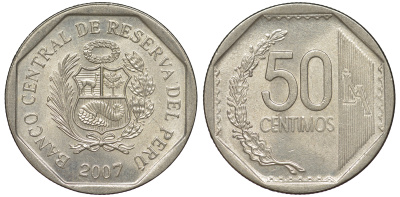Перу 50 сентимо 2007 KM 307.4 медно-никель aUNC 4605-257