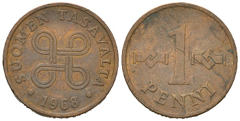 Финляндия 1 пенни 1968 KM 44 медь 4618-512