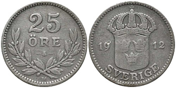 Швеция 25 эре 1912 W, Густав V (1907-1950) КМ 785 серебро 201-1049