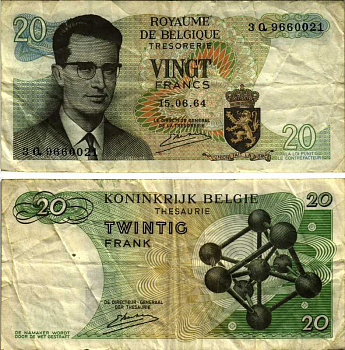 Бельгия 20 франков 1964 Бодуэн I, атомиум, Kestens Pick 138 (3) бумага 7487-22-1-1