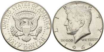 США 1/2 доллара (50 центов) 1966 Джон Кеннеди KM 202a серебро UNC 221-1014