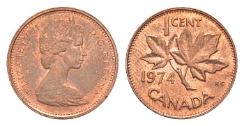 Канада 1 цент 1974 Елизавета II (1952-2022), кленовый лист KM 59 бронза aUNC 4639-343
