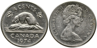 Канада 5 центов 1974 бобр, Елизавета II (1952-) KM 60.1 никель 4543-642