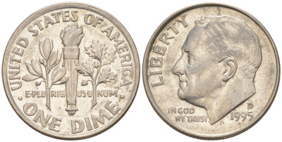 США 10 ЦЕНТОВ = 1 ДАЙМ 1995 D, РУЗВЕЛЬТ KM 195a медь плакированная медно-никелем 187-1115