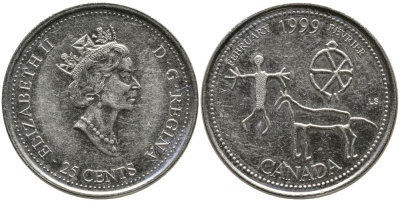 КАНАДА 25 ЦЕНТОВ 1999 СЕРИЯ МИЛЛЕНИУМ, ФЕВРАЛЬ, ЕЛИЗАВЕТА II (1952-), ТРЕТИЙ ПОРТРЕТ В КОРОНЕ KM 343 никель 4543-813