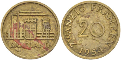 Саарланд 20 франков 1954 KM 2 алюминиевая бронза 259-415