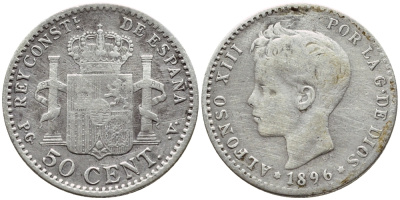 ИСПАНИЯ 50 СЕНТИМО 1896 (96) PG-V, АЛЬФОНСО XIII KM 705 серебро 443-541