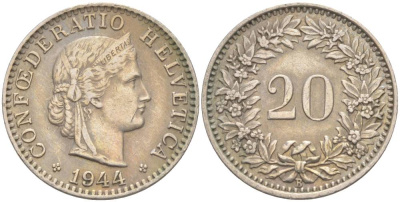 ШВЕЙЦАРИЯ 20 РАППЕНОВ 1944 В KM 29a медно-никель 55-717