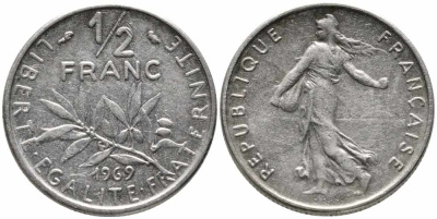 ФРАНЦИЯ 1/2 ФРАНКА 1969 СЕЯТЕЛЬ KM 931.1 никель 85-757
