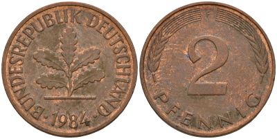 ФРГ 2 пфеннига 1984 F J.381a, KM 106a сталь плакированная медью    4598-868