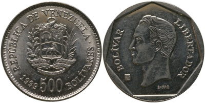 Венесуэла 500 боливар 1999 KM 79.1, Schon 89 сталь плакированная никелем 00-00