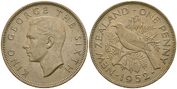 Новая Зеландия 1 пенни 1952 Георг VI (1936-1952), новозеландский туи KM 21 бронза 4120-114