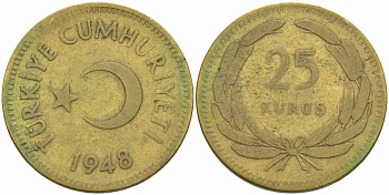 ТУРЦИЯ 25 КУРУШЕЙ 1948 KM 886 латунь 4395-736
