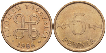 ФИНЛЯНДИЯ 5 ПЕННИ 1966 KM 45 медь 100-158