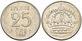 Швеция 25 эре 1961 TS, Густав VI Адольф (1950-1973) KM 824 серебро 4147-1117