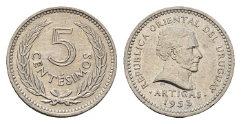 Уругвай 5 сентесимо 1953 KM 34 медно-никель 4643-713