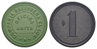 Чили, Анита (Anita), Антофагаста шахтерский жетон с Селитряного рудника для покупки в местных магазинах, номиналом в 1 песо 1880-1920 диаметр 45,5 мм, вес 6,69 гр Espinosa 20.2 эбонит (зеленый) 1094-11-21