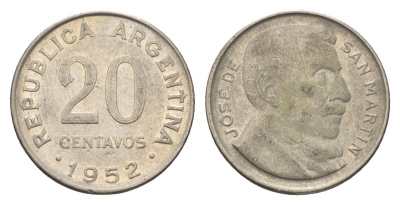 Аргентина 20 сентаво 1952 KM 48 медно-никель 4664-617