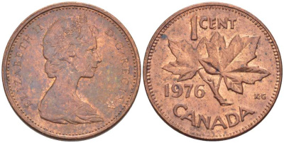 Канада 1 цент 1976 Елизавета II (1952-2022), кленовый лист KM 59.1 бронза 54-644