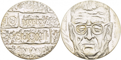 Финляндия 10 марок 1970 S-H, день рождения президента Юхо Паасикиви KM 51 серебро UNC 1515-1413