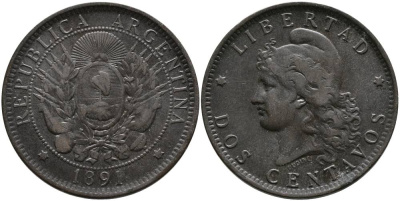 Аргентина 2 сентаво 1891 голова свободы влево KM 8 бронза 4531-1022