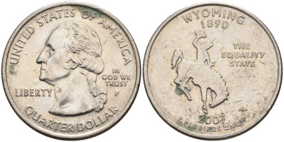 США 25 центов (квотер) 2007 P, серия штаты США, Вайоминг KM 399 медь плакированная медно-никелем 4586-212