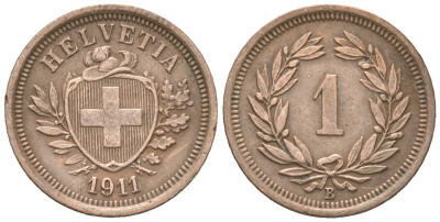 Швейцария 1 раппен 1911 B KM 3 бронза 4532-538