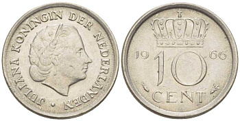 НИДЕРЛАНДЫ 10 ЦЕНТОВ 1966 ЮЛИАНА (1948-1980) KM 182 никель 214-1219