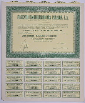 Испания акция на 1000 песет 1973 Fomento Inmobiliario del Panades, S.A., Барселона 1973, с купонами бумага 5544-14