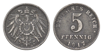 Германия 5 пфеннигов 1917 A, Вильгельм II (1888-1918) KM 19, J. 297 железо плакированное цинком 4644-1115