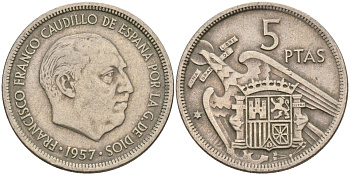 Испания 5 песет 1957 Франсиско Франко (1939 - 1975) KM 786 медно-никель 4155-515