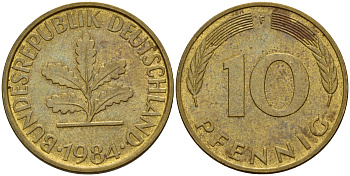 ФРГ 10 пфеннигов 1984 F J. 383, KM 108 сталь плакированная латунью    4603-532