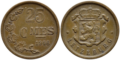 Люксембург 25 сантимов 1946 Шарлотта (1918-1964) KM 45 бронза 4396-319