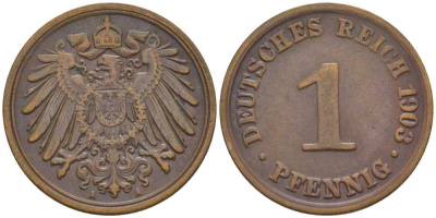 ГЕРМАНИЯ 1 ПФЕННИГ 1903 A KM 10, J. 10, Weege 2 медь 211-153