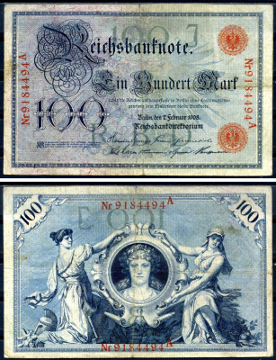 Германия 100 марок 1908 7 февраля 1908, номер 29 мм, серия J, буква A, выпуск конец 1916 - ноябрь 1918, красная печать Pick 33 бумага 8619-27-1-1