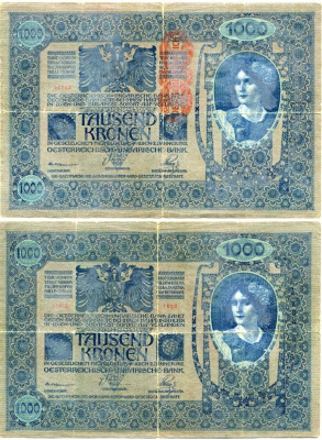 Австрия 1000 крон 1919 вертикальная красная надпечатка на 1902 Pick 59  бумага   435-55-1-2