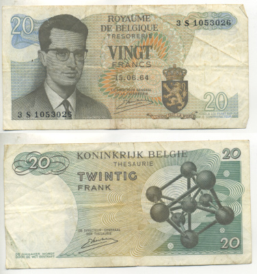 Бельгия 20 франков 1964 Бодуэн I, атомиум, Kestens Pick 138 (3) бумага 6299-9-1-2